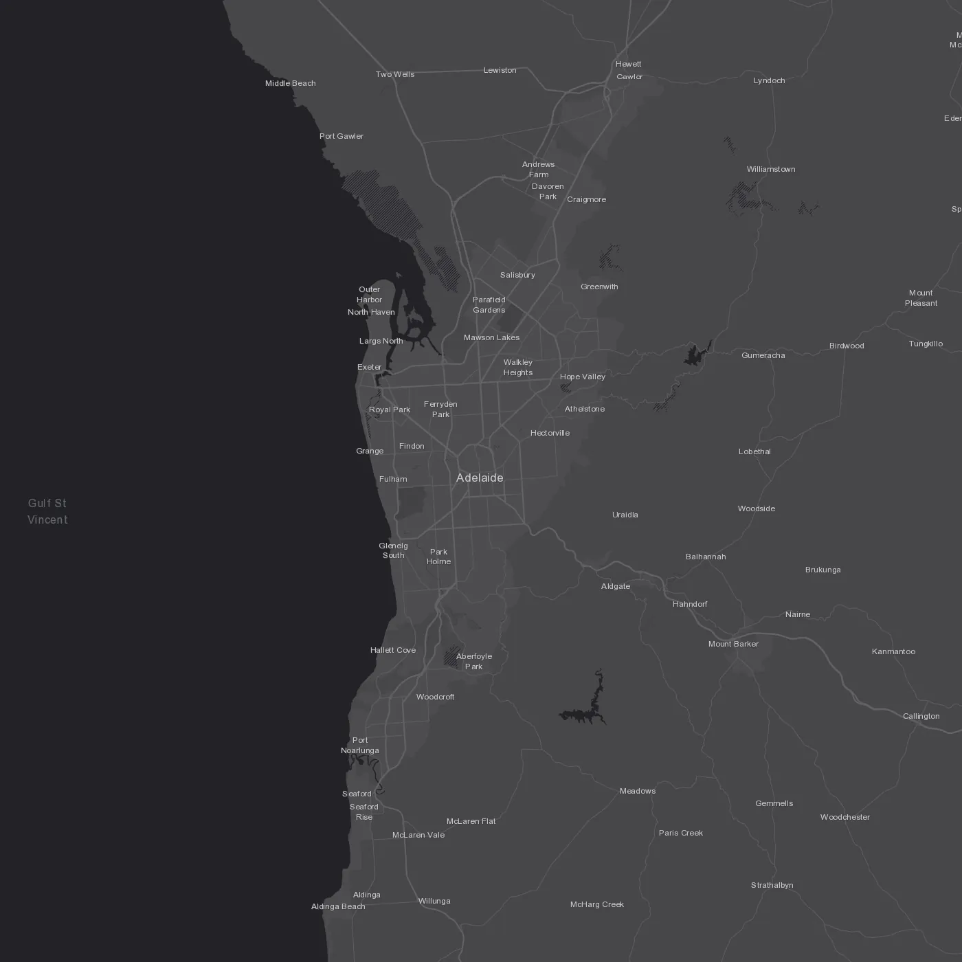 Map of Adelaide with rings at 10, 20 and 30 km from the CBD